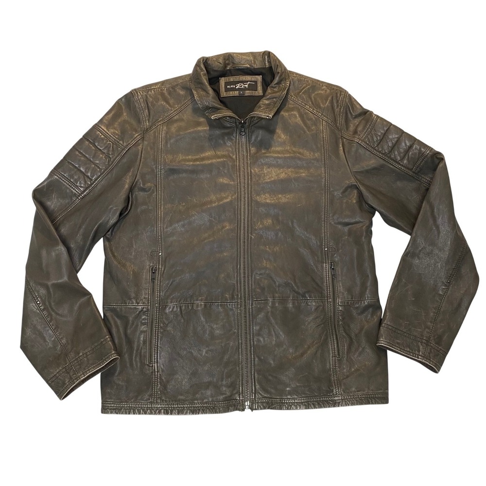 Black‎ Rivet Cafe Racer Leather Jacket Men's L Gray Moto Zip Soft
